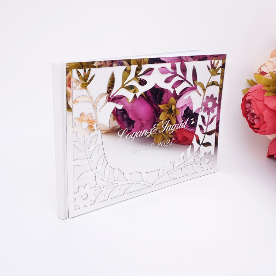 Personalized Guest Book - Buku Tamu Pernikahan Akrilik Cermin Bunga